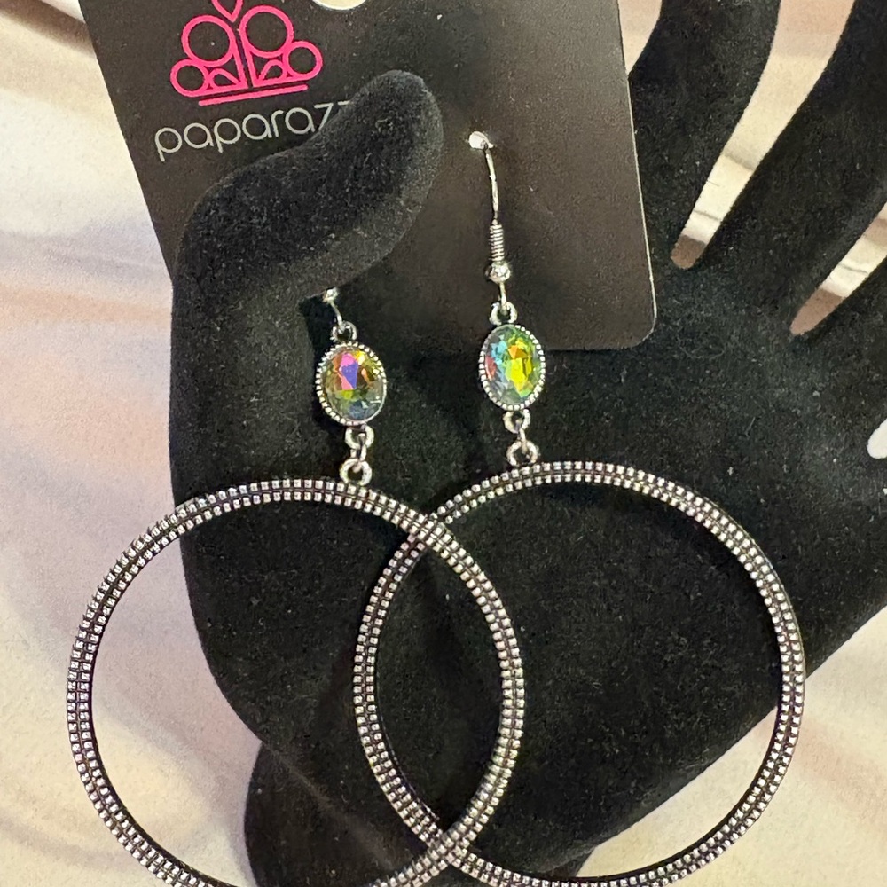 Paparazzi Silver Hoop Earrings with Iridescent Accents